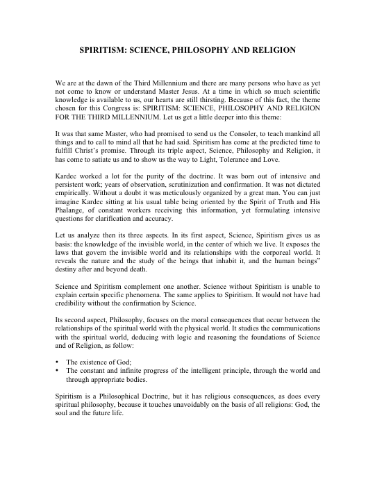 First page of Spiritism: Science, Philosophy and Religion